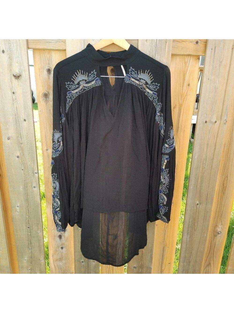 FREE PEOPLE Sweet Fantasy Beaded And Embroidered Boho Blouse Black Women's Large - Picture 3 of 15